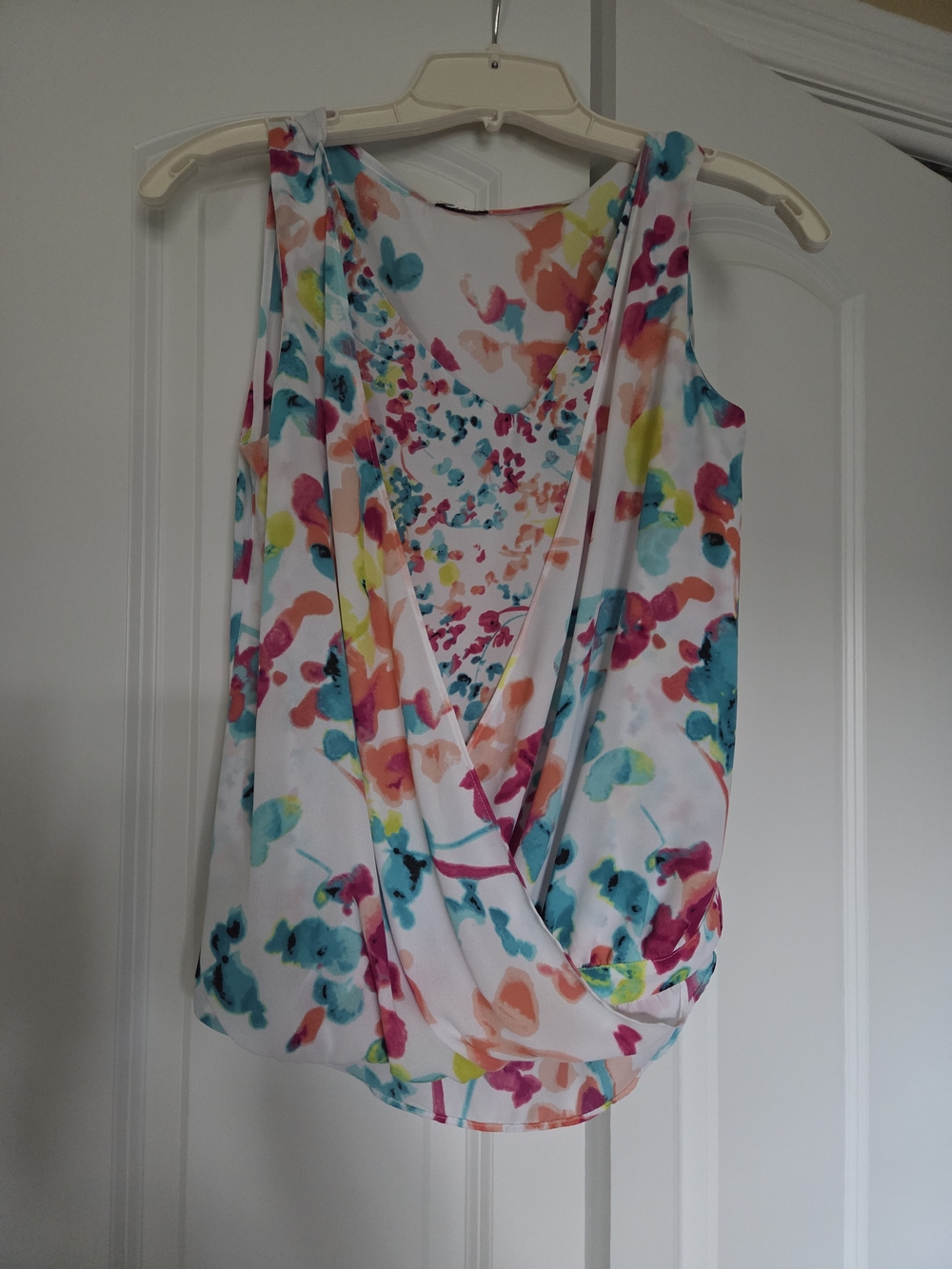 Floral Watercolor Wrap Front Sleeveless Top - White/Multi